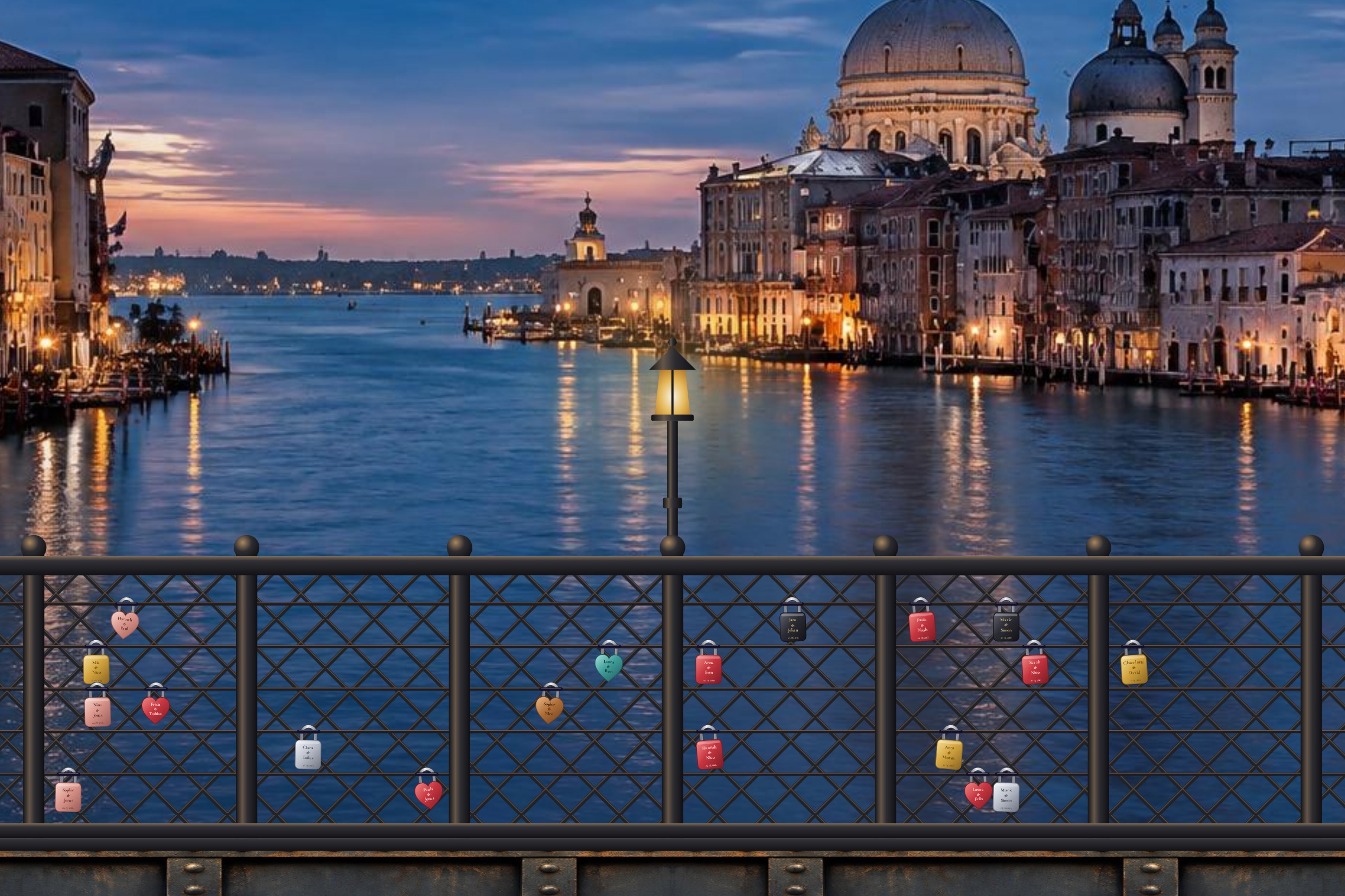 Digitale Liebesschlösser an einer virtuellen Brücke in Venedig